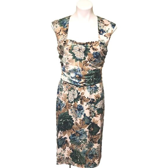 Donna Ricco Blue Green Tan Floral Square Neck Ruche Womens Dress Size 12 - Picture 13 of 13